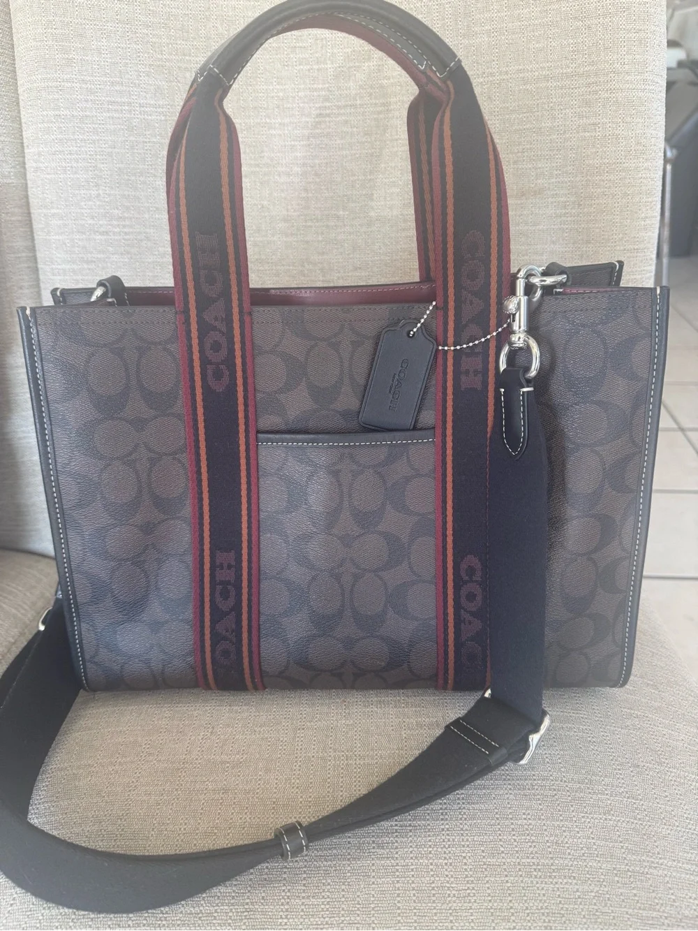 Coach Brown Signature Canvas Messenger with Red-Trim Straps